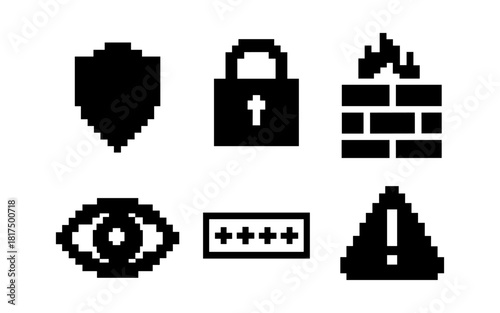 Pixel icons for cybersecurity: shield, lock, firewall, eye, password, alert symbols