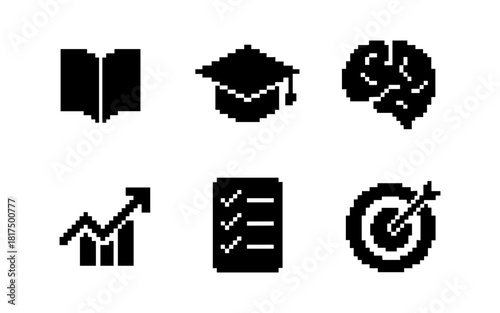 Pixel art icons representing education and progress concepts