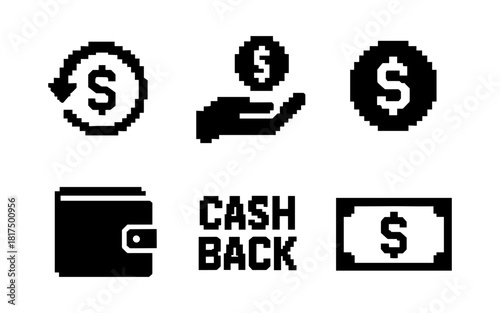Pixel style cash back and currency icons for digital finance themes