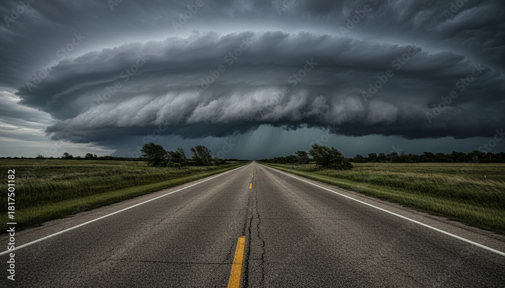 Obraz premium Impending danger and uncertainty on the road ahead with a massive supercell storm cloud looming over a rural highway.