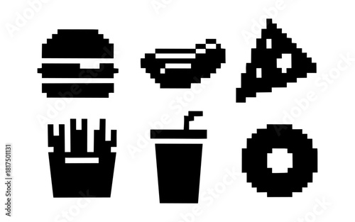 Pixel art fast food icons: burgers, hot dogs, pizza, fries, drinks, donuts