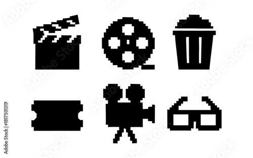 Retro cinema icons: pixel art movie symbols for video production and entertainment