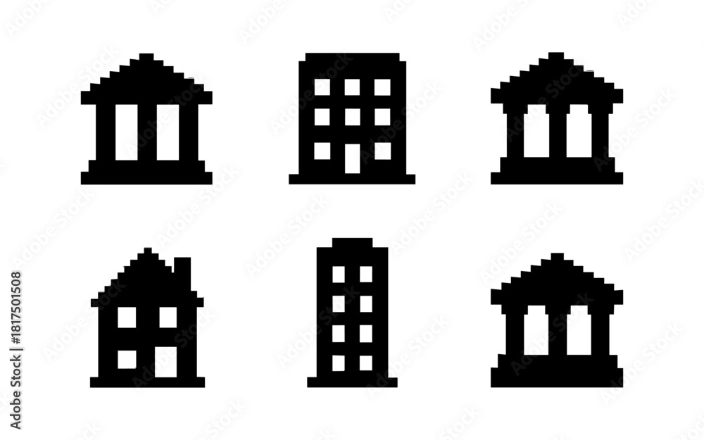 Obraz premium Pixel art buildings set: houses and offices in retro style