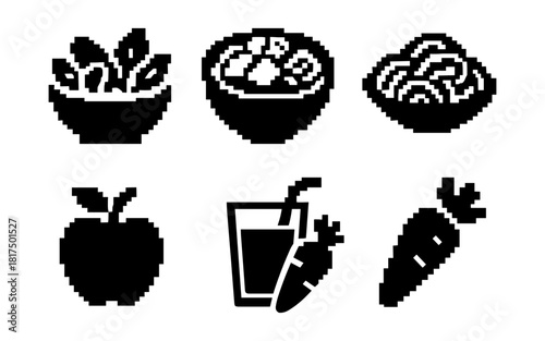 Pixelated food icons: bowl, noodles, soup, apple, juice, carrot