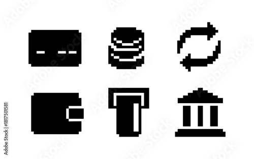 Retro pixel art icons of financial transactions and banking elements