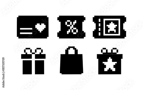 Pixel art shopping and gift icon set: gift cards, bags, ticket