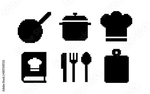 Pixel kitchen icons set: minimalist black cooking tools and utensils