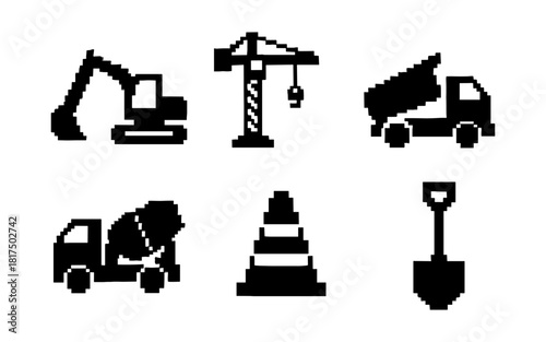 Pixel art construction icons set: excavator, crane, dump truck, concrete mixer