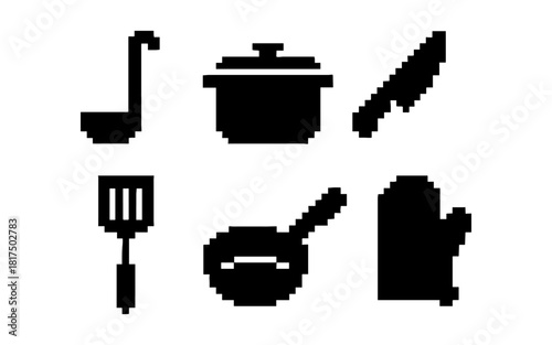 Pixel art kitchen utensils: retro cooking icons featuring pots, pans, and tools