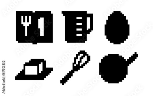 Retro pixel art kitchen icons set featuring cooking and baking tools