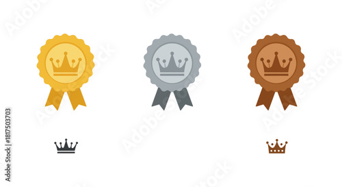First second and third place awards icons gold silver and bronze medal badges with crowns for winner achievements sports and competitions.