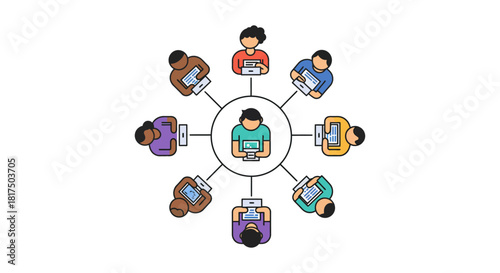 global communication network diverse people collaborate online with tablets symbolizing digital connectivity and international teamwork perfect for technology presentations