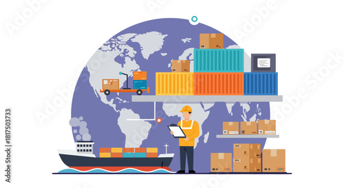 global logistics illustration inspector checking cargo shipment with freighter forklift on world map background conveying supply chain distribution.
