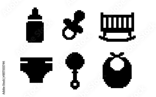 Pixel art baby essentials: bottle, pacifier, cradle, diaper, rattle, bib