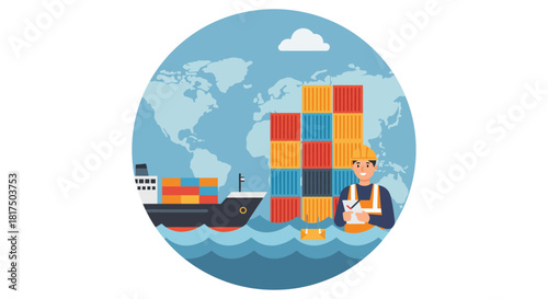 global logistics network shipping containers loaded onto a cargo ship overseen by a port worker on a world map backdrop emphasizing international trade.