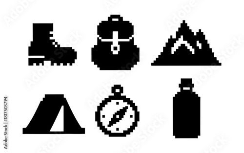Pixel art icons of hiking gear and outdoor adventure essentials