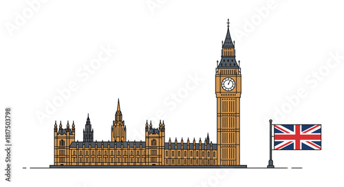 Houses of Parliament in London an illustration of British politics showcasing Big Ben and the Union Jack for travel blogs and cultural reports.