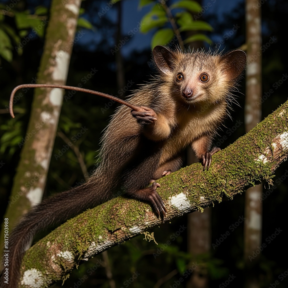 Obraz premium Aye Aye Lemur Perched on a Mossy Branch in the Forest.