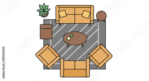 living room layout plan for interior design creating a comfortable seating arrangement with sofa and armchairs around coffee table on rug overhead view