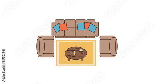 living room layout with sofa and chairs arranged around a rug creating a cozy design ideal for interior decoration and relaxation spaces.