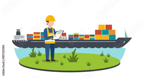 logistics manager inspecting cargo ship carrying containers on island overseeing international trade ideal for shipping industry promotions