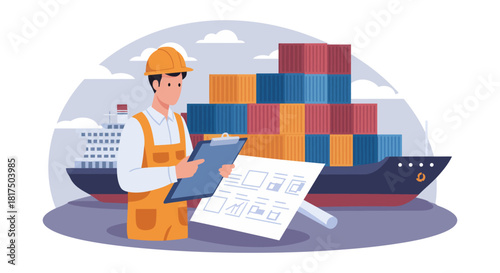 logistics manager inspecting shipping containers reviewing a plan at a dockyard for efficient cargo transport emphasizing global trade  supply chain efficiency