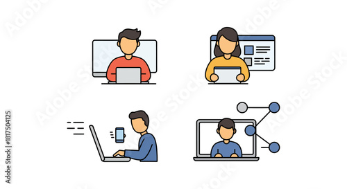 Online collaboration people working remotely with digital devices for business networking and virtual communication perfect for illustrating modern technology and teamwork