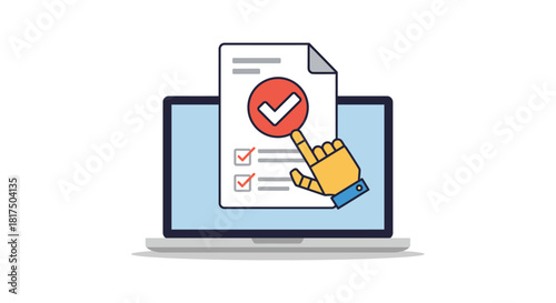 Online survey with robotic hand pointing at tick mark completing form on laptop for feedback automation and user experience.