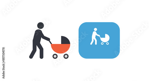 person pushing stroller illustrating parenthood family life and childcare in a simple graphic for web design and app icons perfect for family blog