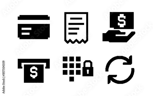 Financial icons set featuring credit card, receipt, payment, atm, secure transactions, and refresh