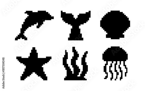 Pixel art ocean icons set with marine life shapes in black silhouettes