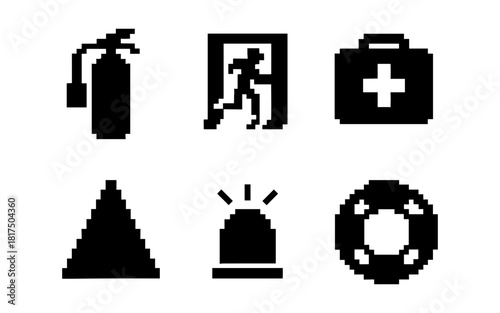 Retro pixel safety icons set: fire extinguisher, exit sign, first aid, traffic cone, emergency light, lifebuoy