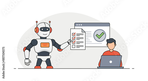 robot completing tasks with a person at a laptop verifying showcasing automated efficiency and ai in workflow optimization perfect for tech blog