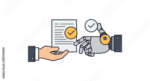 robot hand giving document confirmation to a human symbolizing automated document processing and verification for efficiency and accuracy in technology