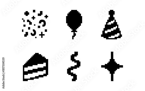 Retro pixel party icons featuring cake, balloon, and decorations