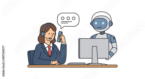 woman and robot working together at desk illustrating ai assistance customer service teamwork in digital age suitable for business tech presentation
