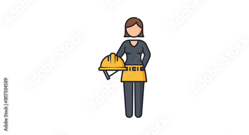 Woman construction worker holding a hardhat wearing a tool belt standing tall on site promoting women in trades and career opportunities.