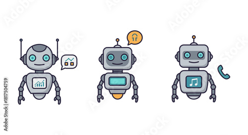 ai chatbot assistant customer support robots analyzing data providing music and phone service for digital customer engagement solutions.