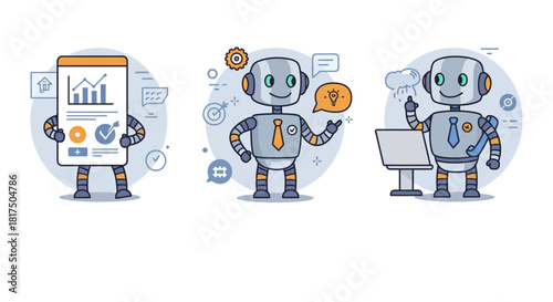 AI assistants analyzing data showcasing business intelligence suggesting ideas and solving problems with machine learning boosting company progress.
