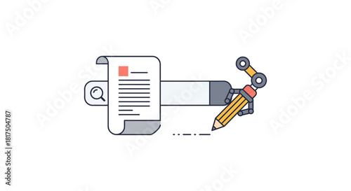 Ai content creation Robotic arm writing with pencil editing document with magnifying glass representing ai writing ideal for tech blogs.