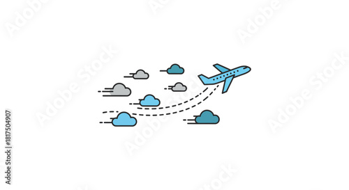 airplane flying through clouds a simple graphic conveying travel and adventure against a white background suitable for tourism marketing content.