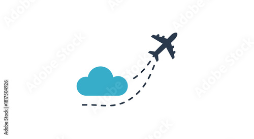 Airplane taking off into the sky departing from a cloud on a travel route symbolizing journey and new adventures for travel and tourism marketing.