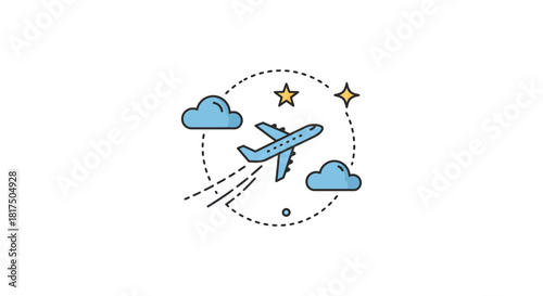 Airplane travel illustration soaring plane amid clouds and stars perfect for tourism ads or travel blog posts about destinations and getaways.