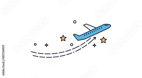 Airplane taking off with a dotted line path and stars illustrating air travel routes perfect for travel blogs and tourism advertising.