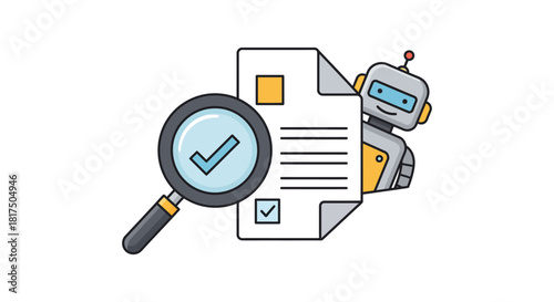 automated document review a robot overseeing checklist on a report ensuring data accuracy vital for compliance and process improvement.