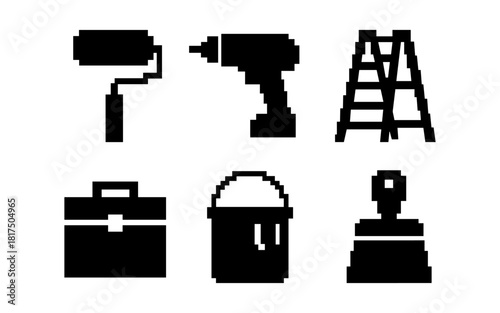 Pixel art construction tools: roller, drill, ladder, toolbox, bucket, plunger