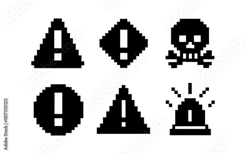 Pixel art warning symbols: danger, alert, hazard, and emergency icons