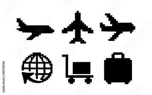 Pixel art travel icons with airplane, globe, and luggage designs