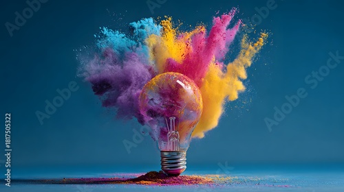 Glowing incandescent bulb releases vibrant cloud of colored dust against dark backdrop