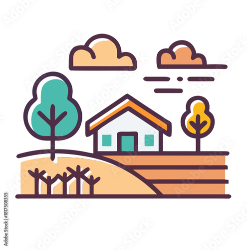 Illustration of a house in a rural landscape with trees and clouds